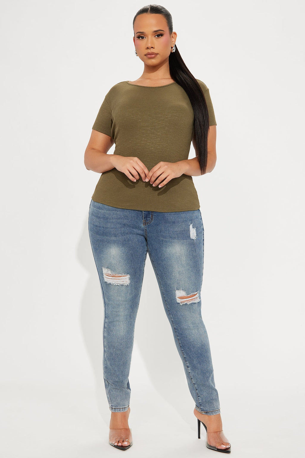 Rachel Ribbed Short Sleeve Tee - Olive