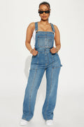 No Limits Seamed Utility Denim Overalls - Medium Wash