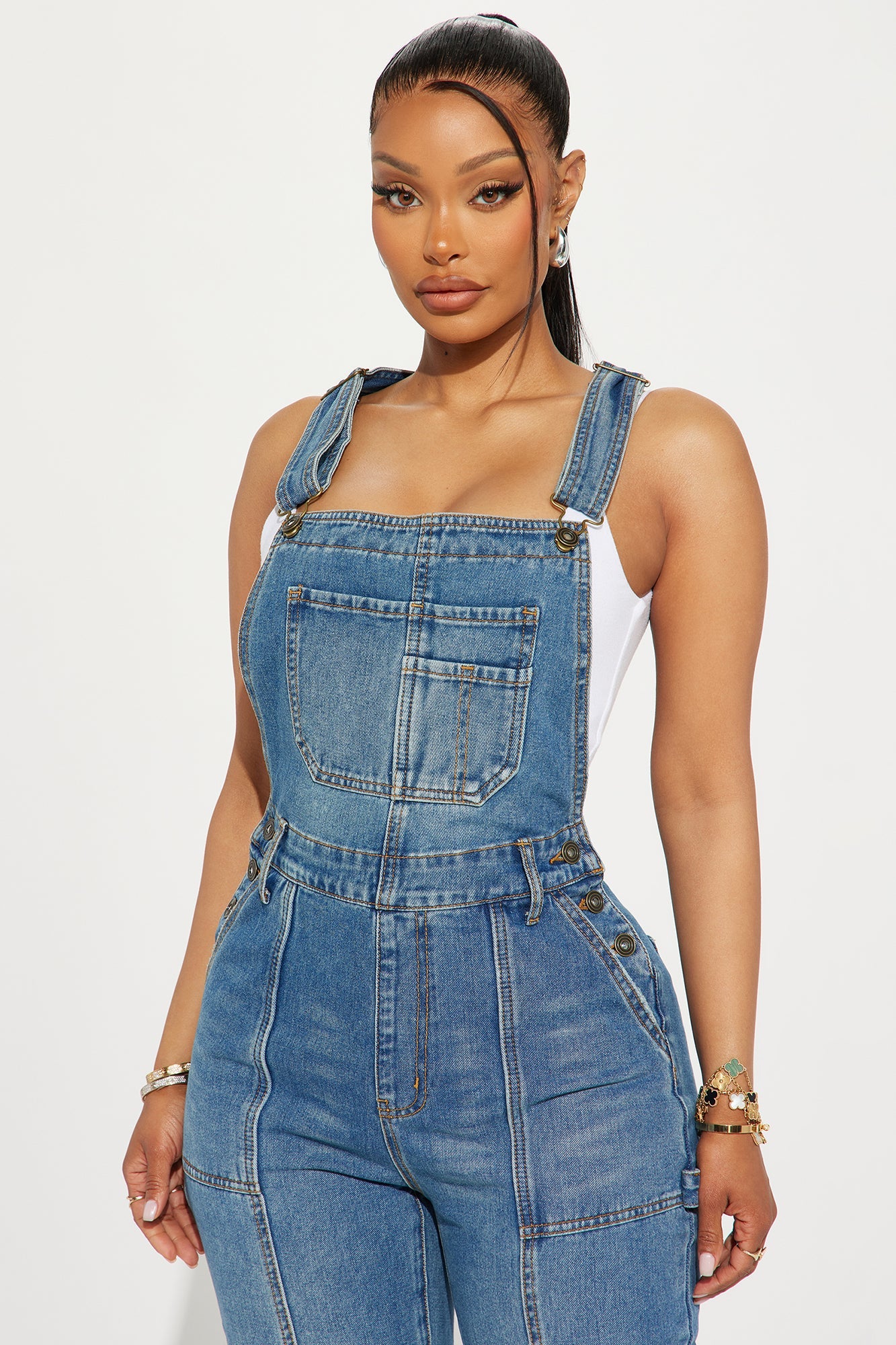 No Limits Seamed Utility Denim Overalls - Medium Wash