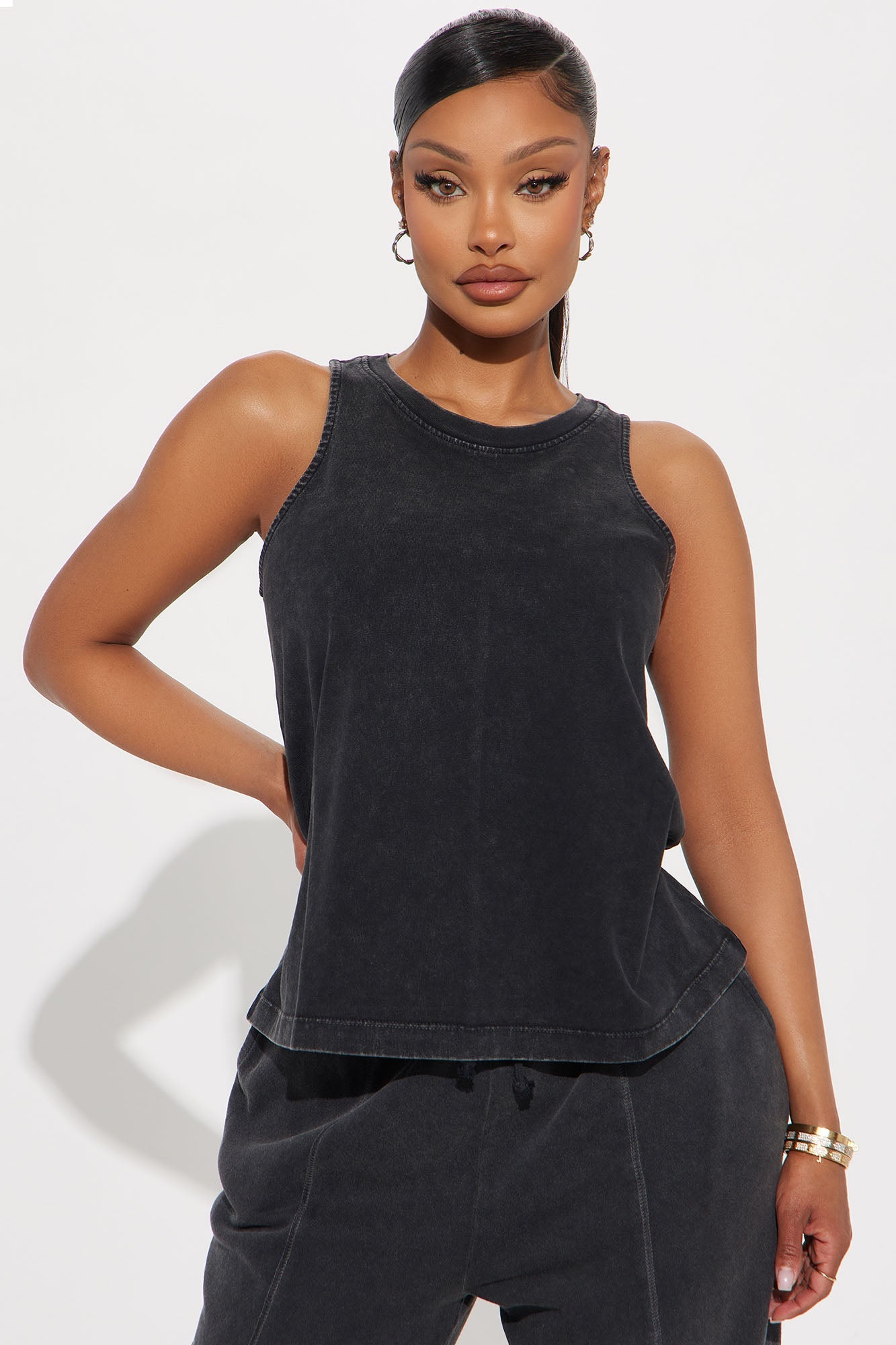 The Washed Loose High Neck Tank - Black