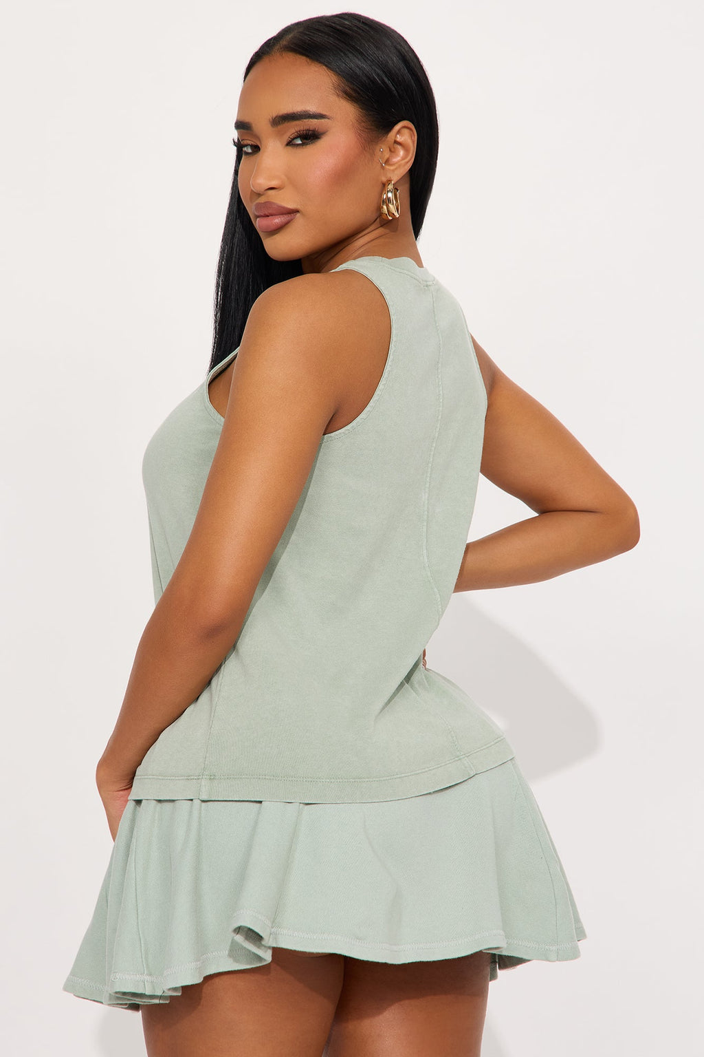 The Washed Loose High Neck Tank - Sage