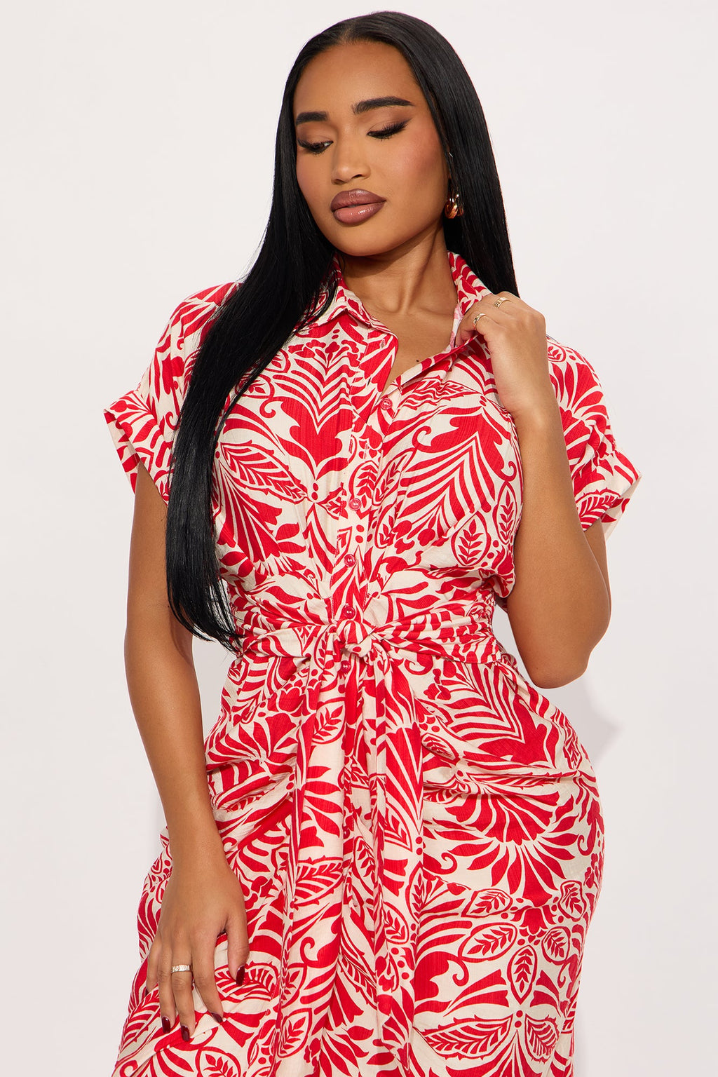 Paloma Linen Shirt Midi Dress - Red/combo