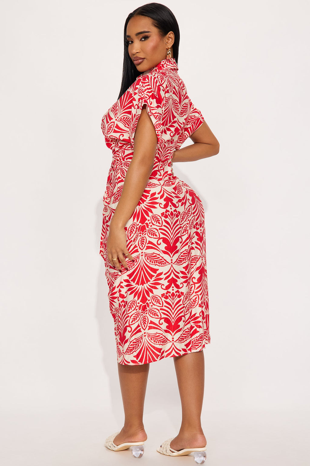 Paloma Linen Shirt Midi Dress - Red/combo