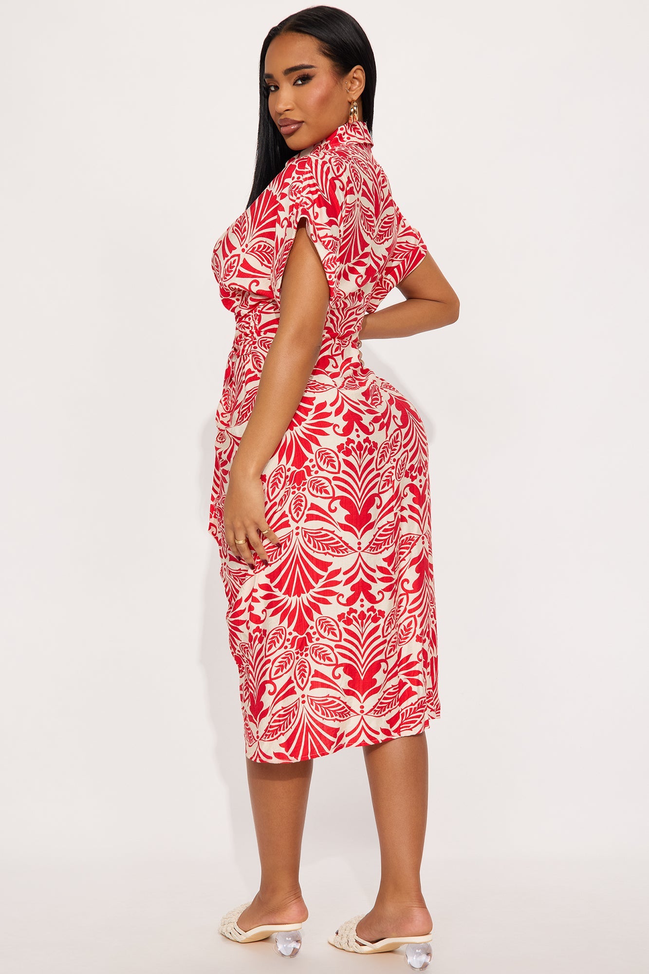 Paloma Linen Shirt Midi Dress - Red/combo