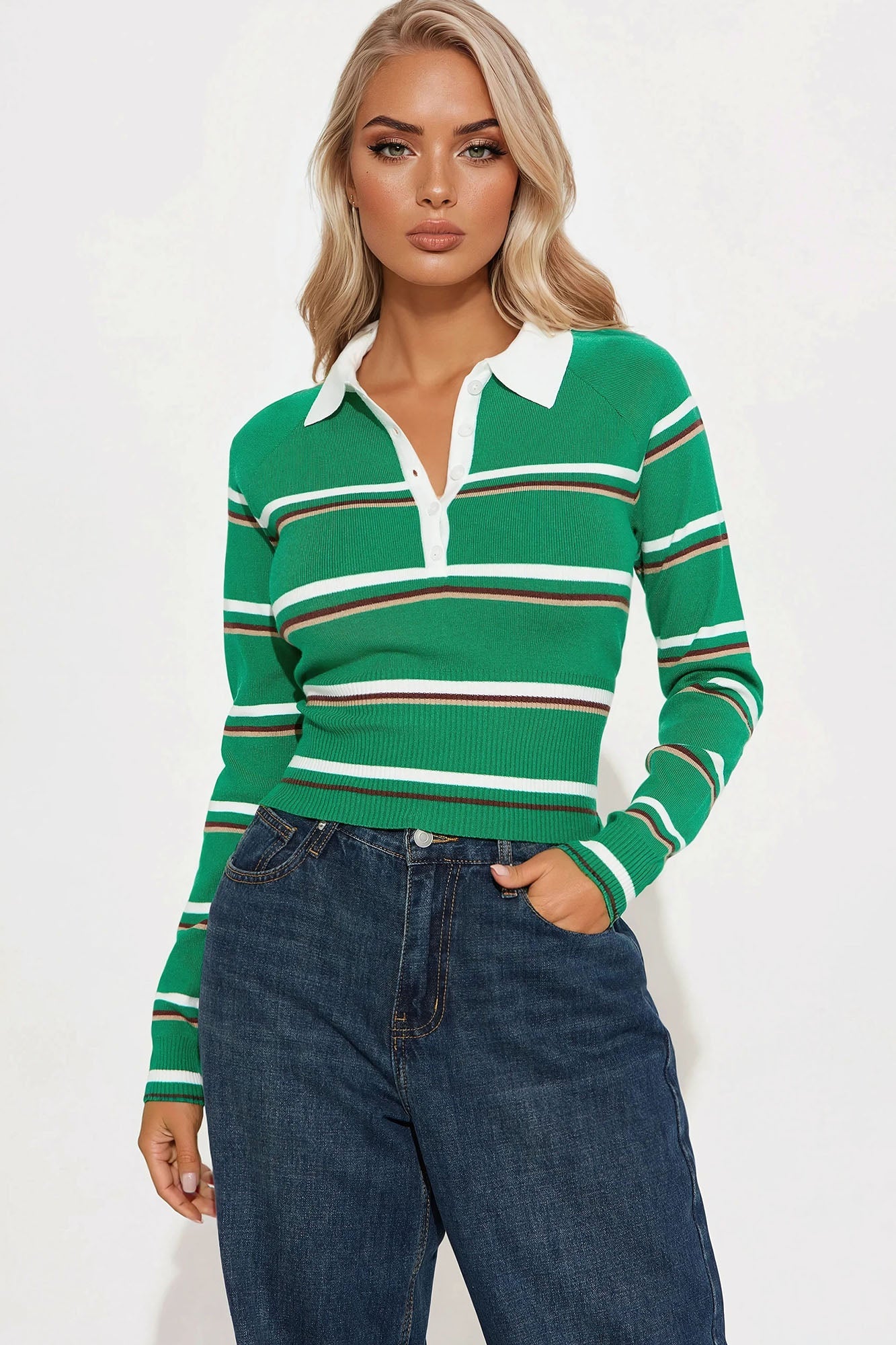 Brinnley Striped Polo Sweater - Green/combo