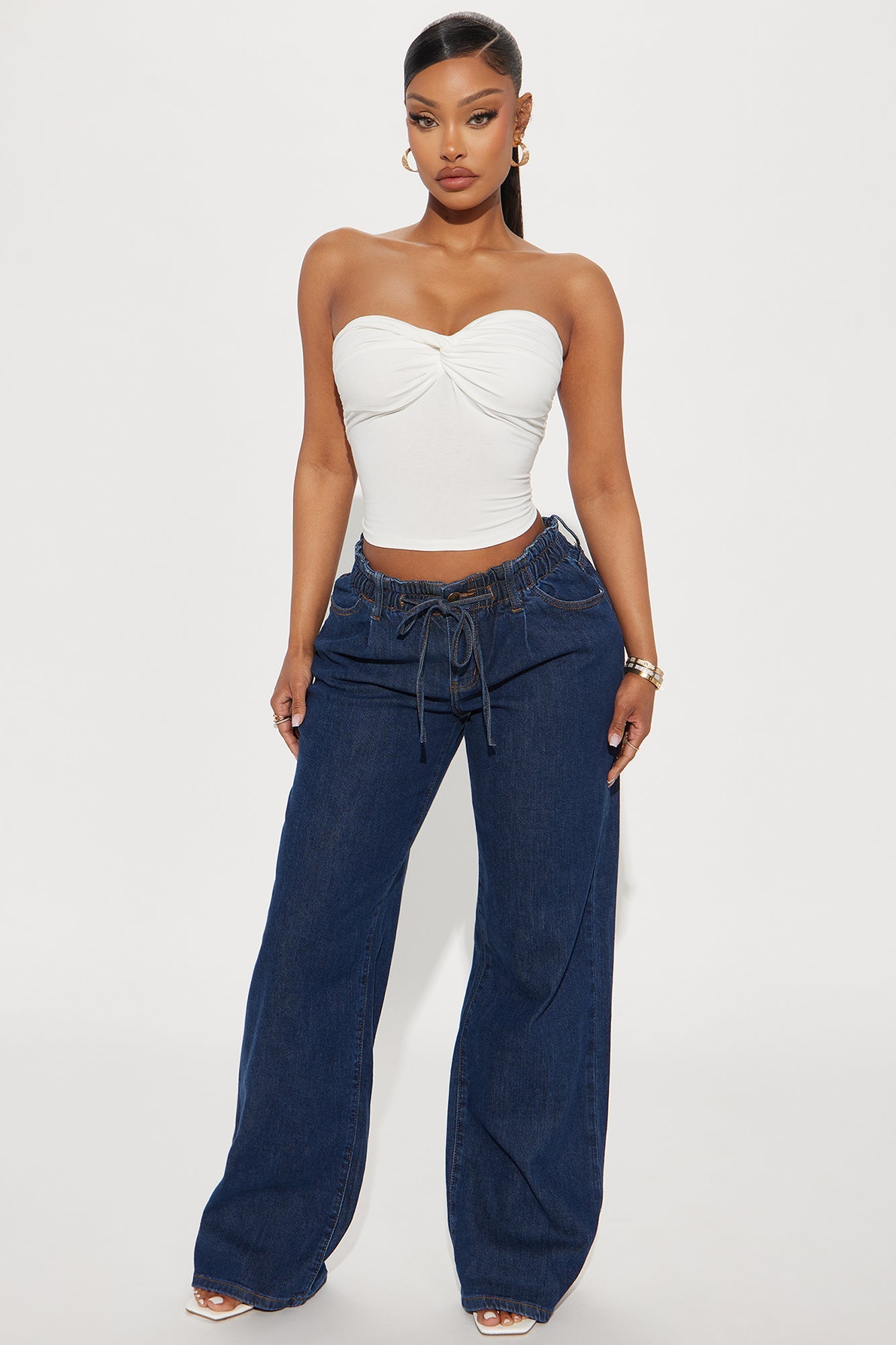 Alaine Stretch Tie Waist Wide Leg Jeans - Dark Wash