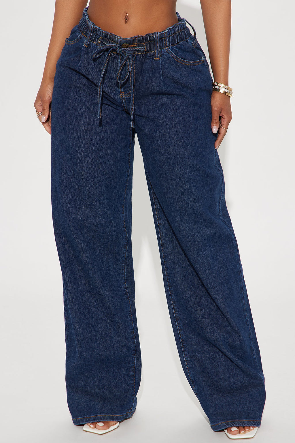 Alaine Stretch Tie Waist Wide Leg Jeans - Dark Wash