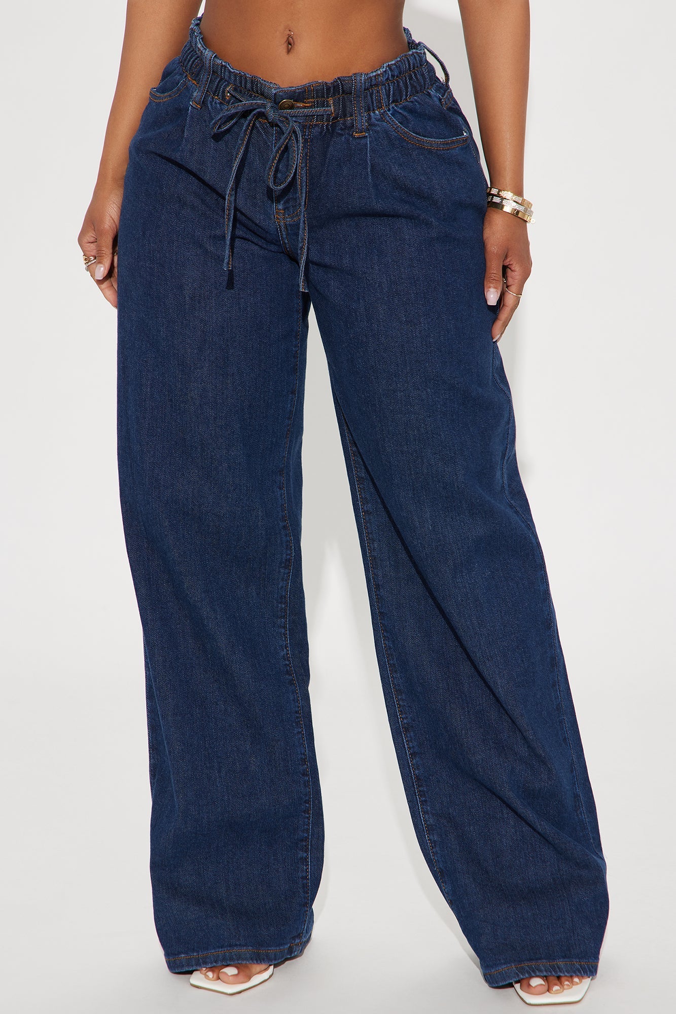 Alaine Stretch Tie Waist Wide Leg Jeans - Dark Wash