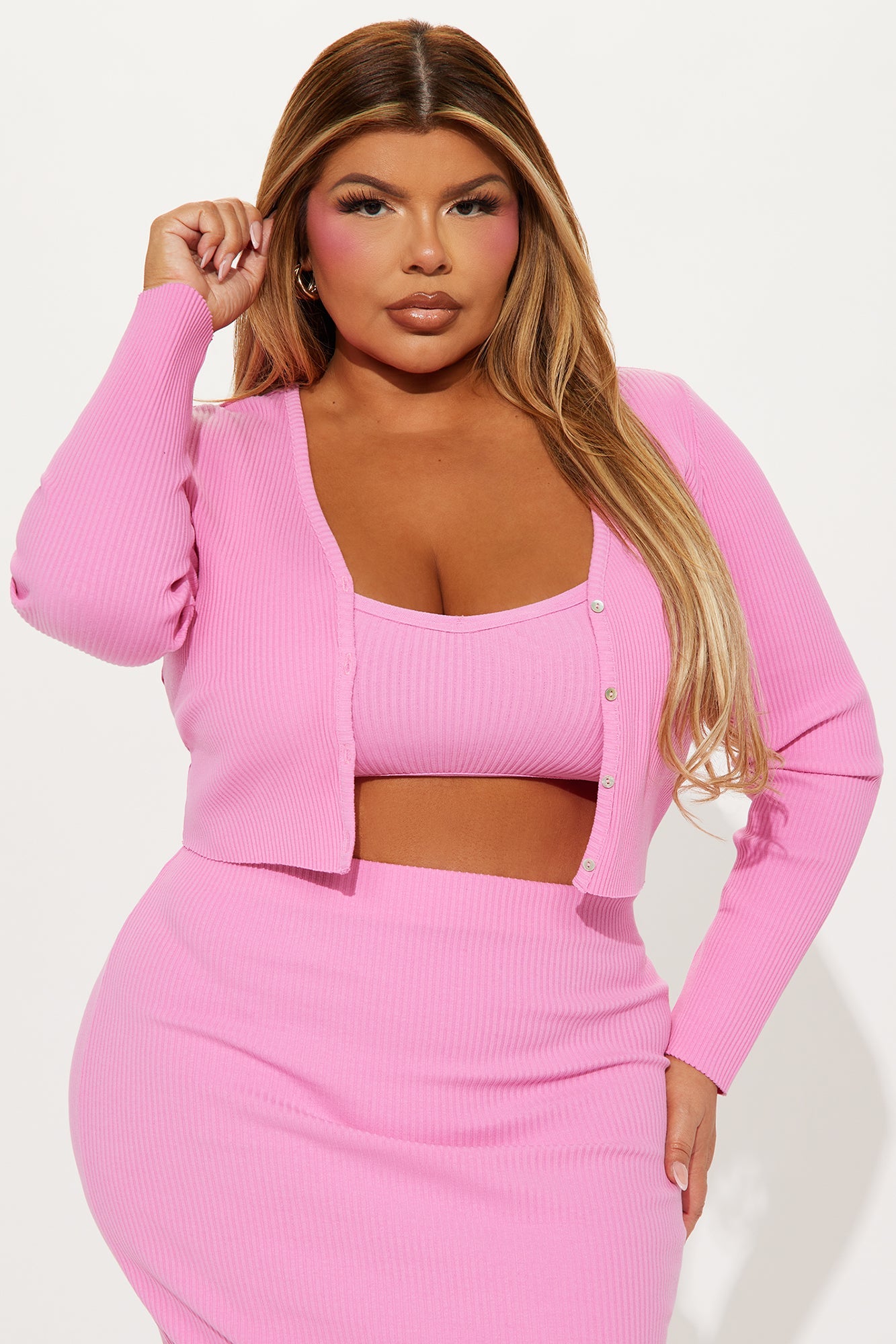 Rachel Ribbed 3 Piece Set - Hot Pink