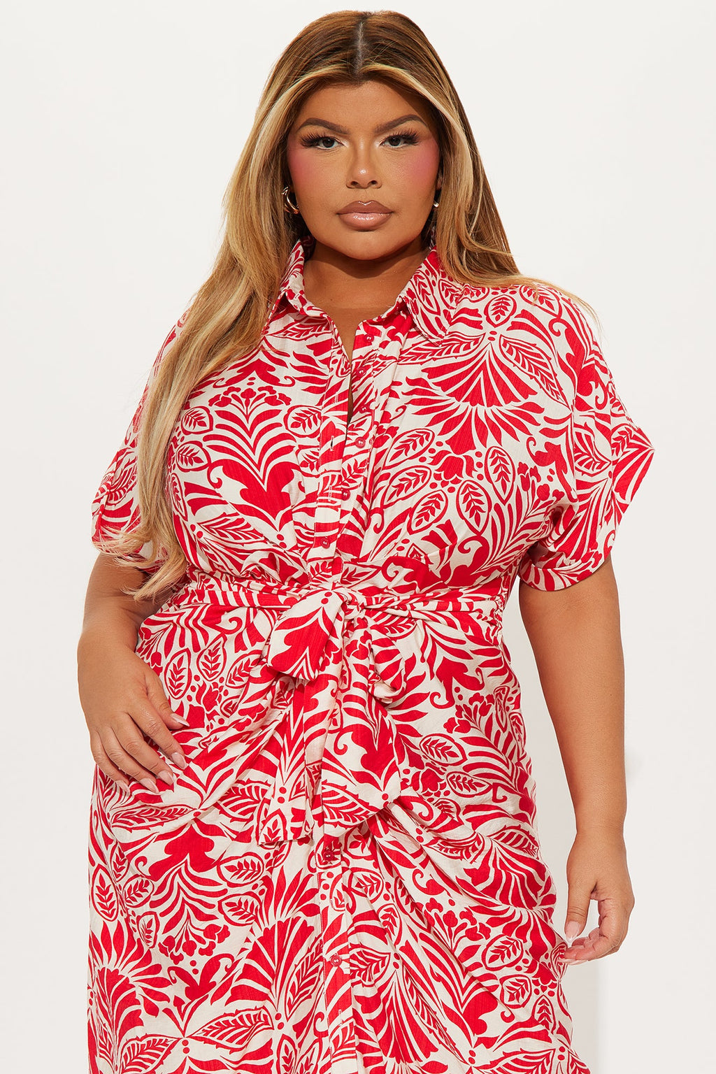 Paloma Linen Shirt Midi Dress - Red/combo