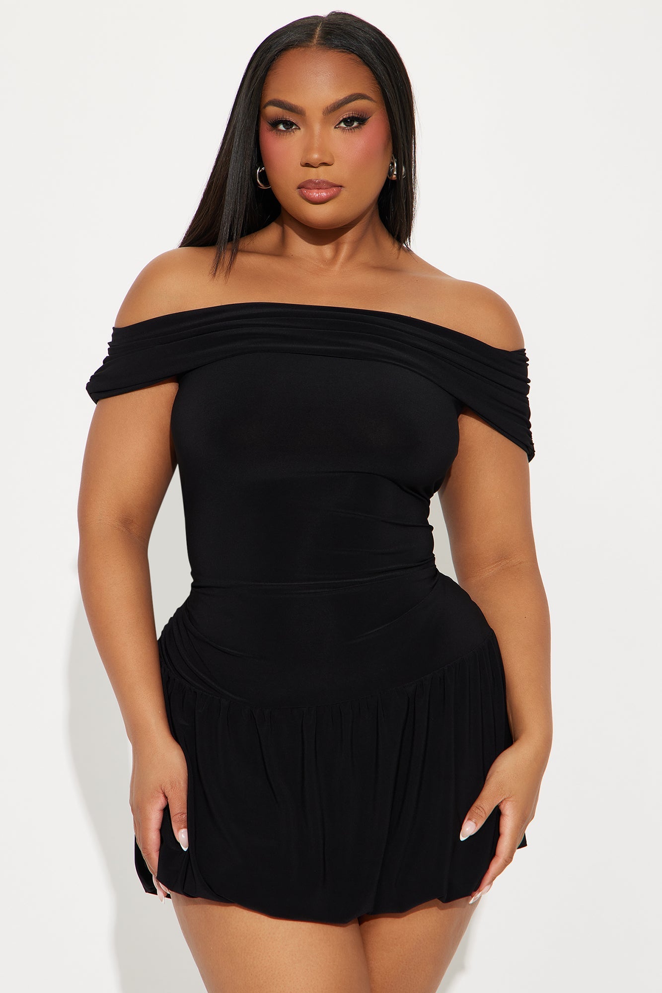 Wild One Off Shoulder Bubble Mini Dress - Black