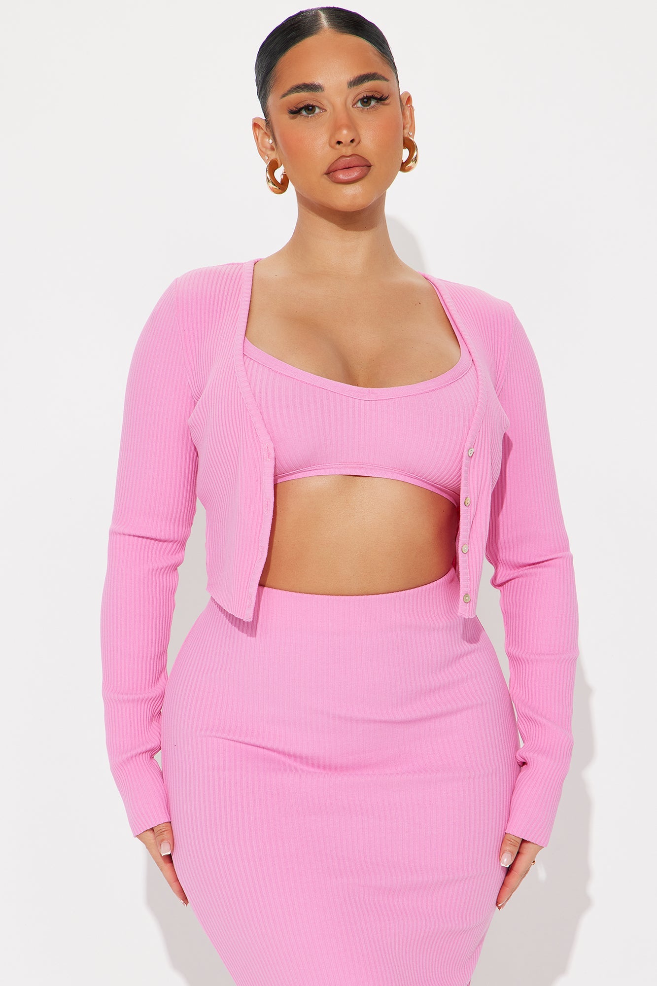 Rachel Ribbed 3 Piece Set - Hot Pink