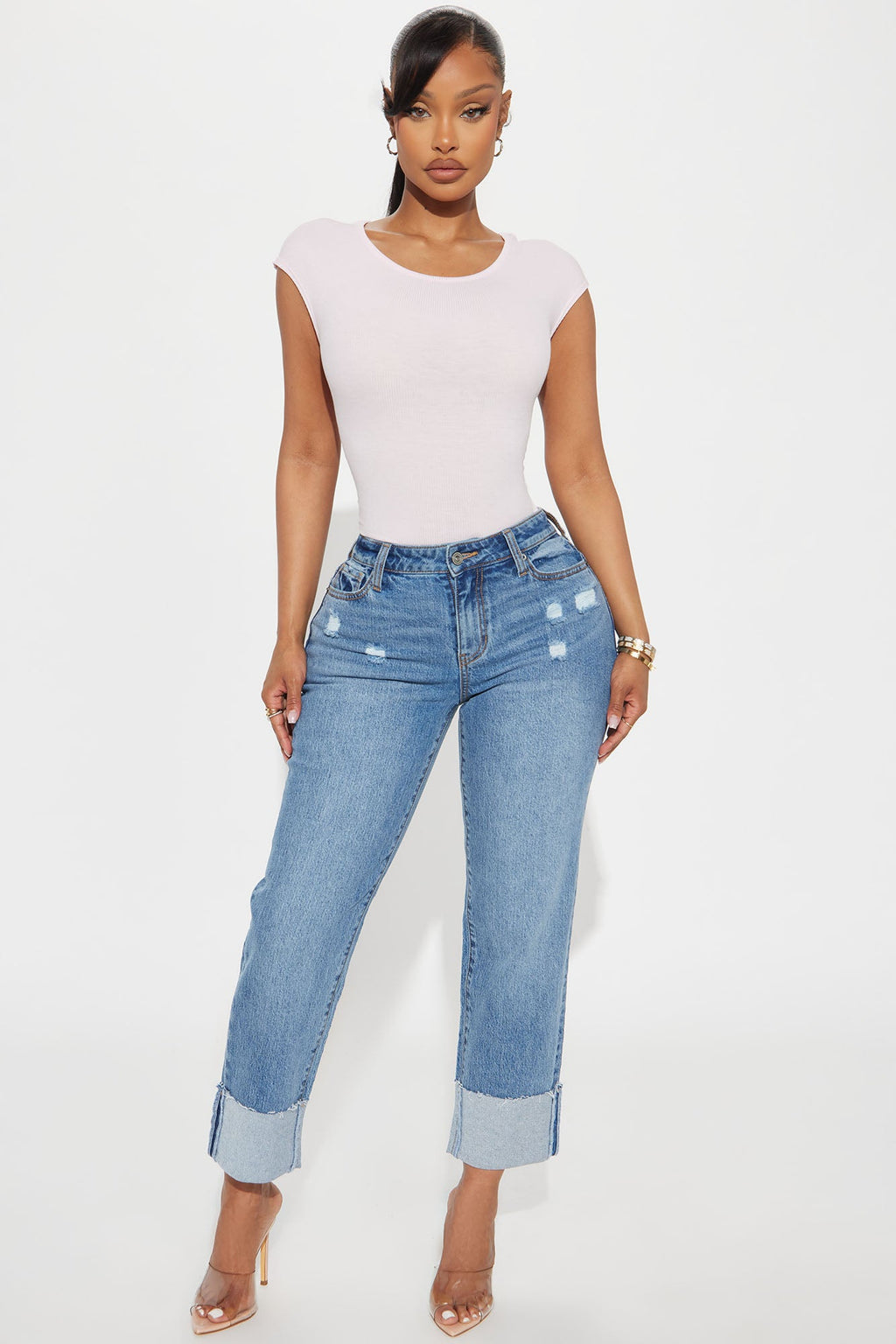 Solene Relaxed Cuffed Straight Leg Jeans - Medium Wash