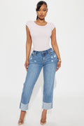 Solene Relaxed Cuffed Straight Leg Jeans - Medium Wash