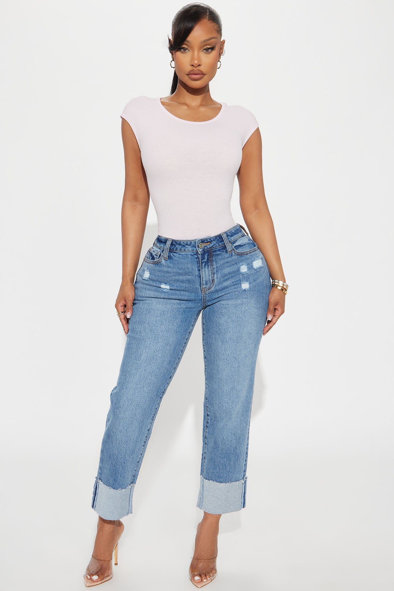 Solene Relaxed Cuffed Straight Leg Jeans - Medium Wash