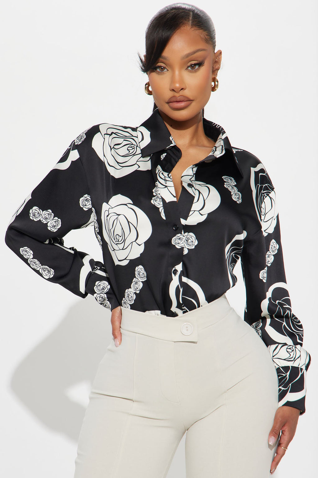 Eternal Rose Satin Shirt - Black/White