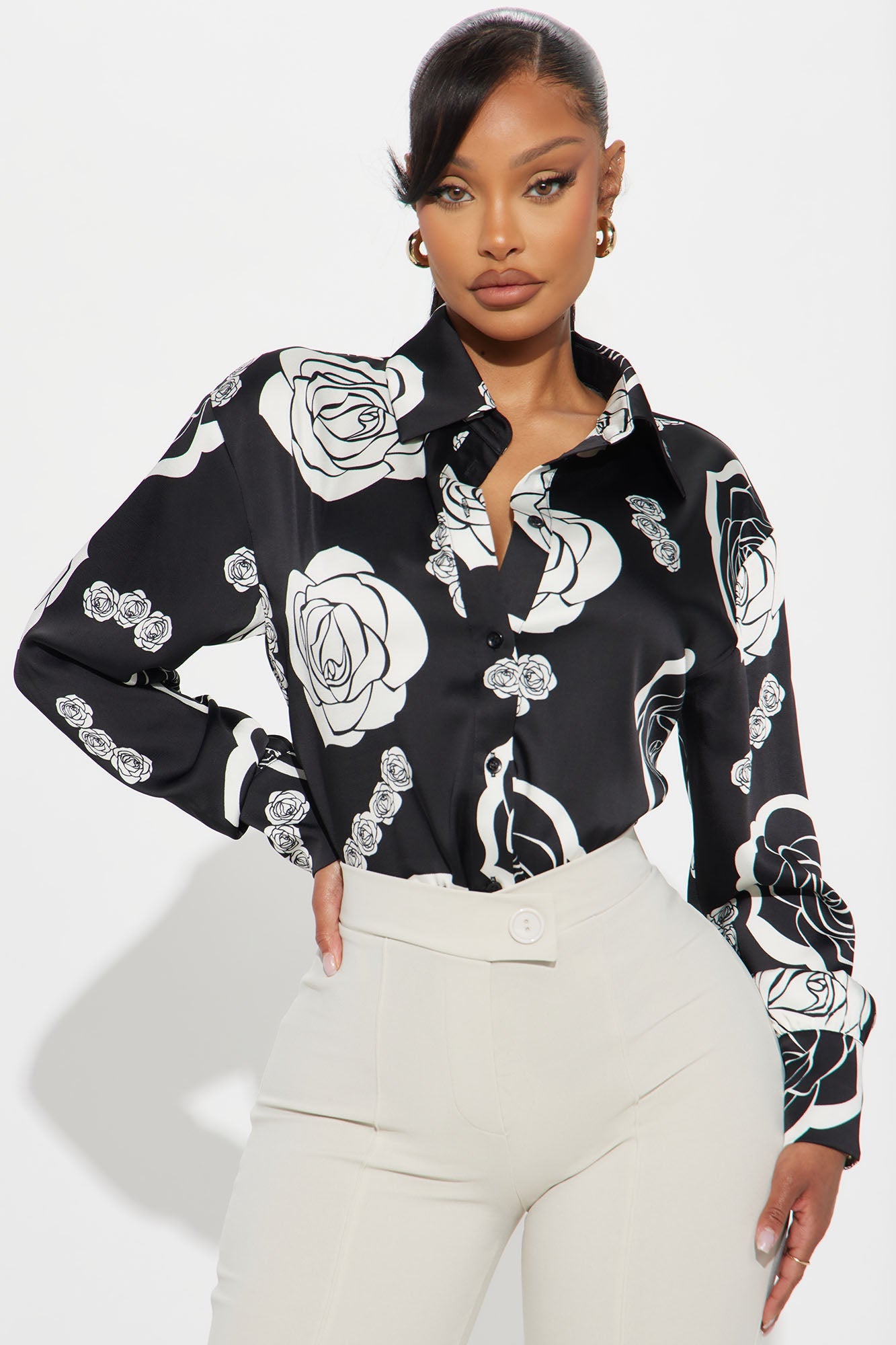 Eternal Rose Satin Shirt - Black/White