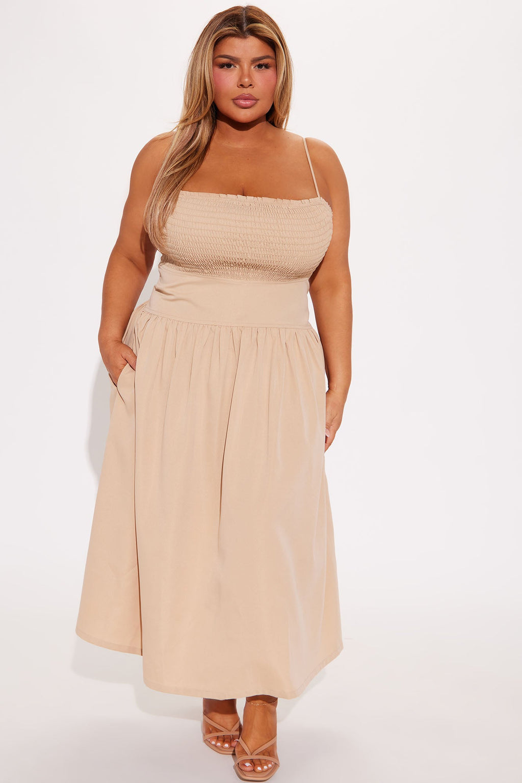 Blessing You Smocked Midi Dress - Taupe
