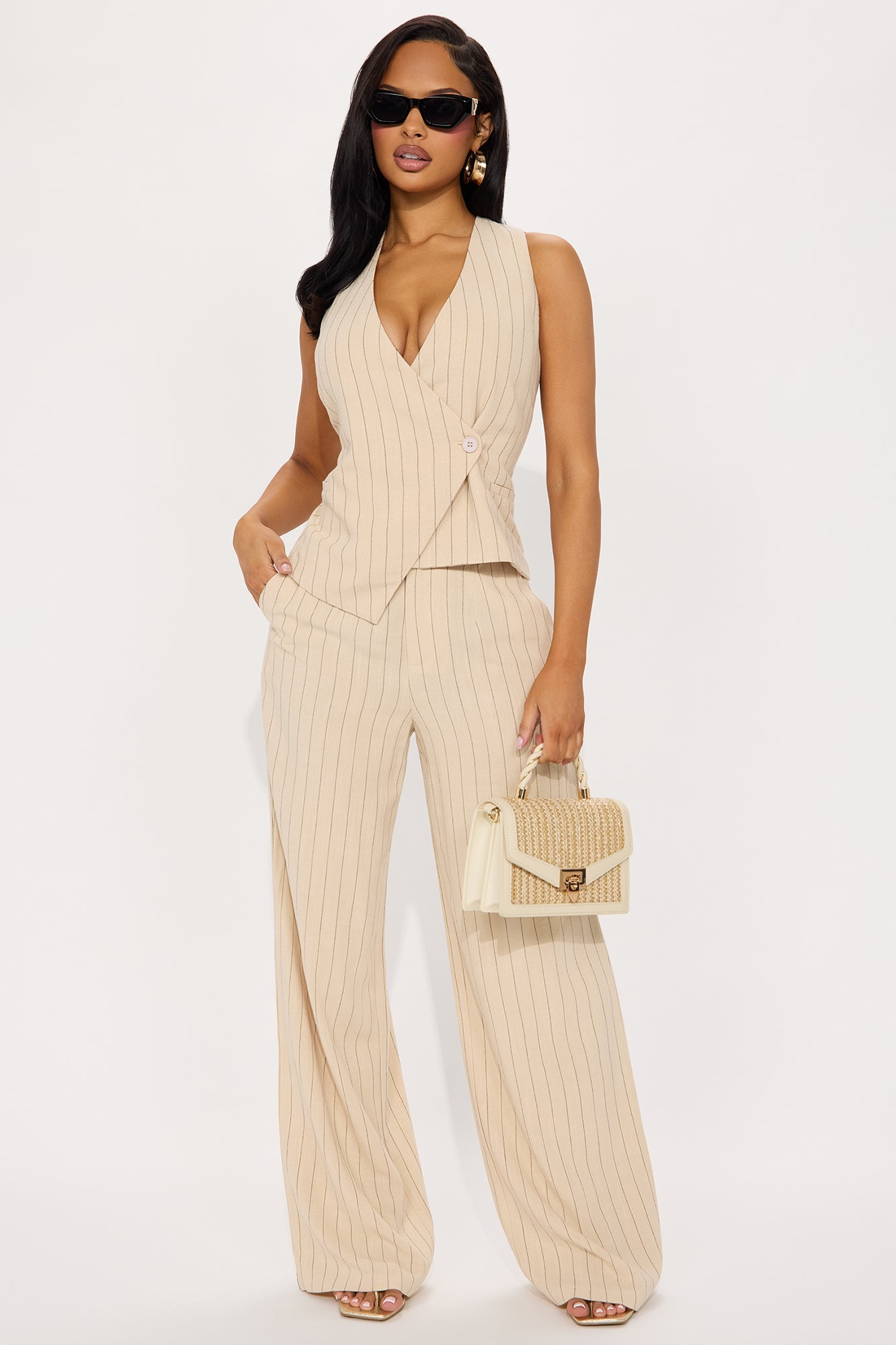 Kai Linen Vest Pant Set - Taupe/combo