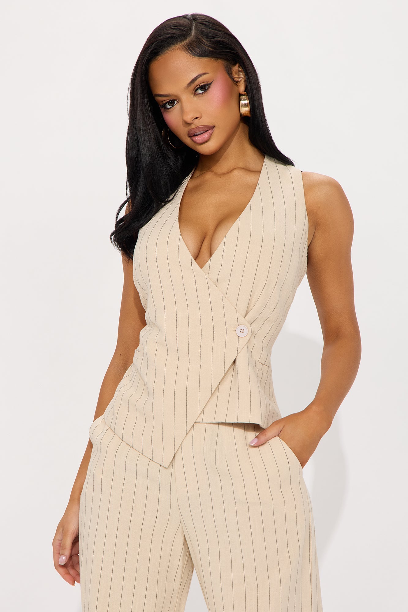 Kai Linen Vest Pant Set - Taupe/combo