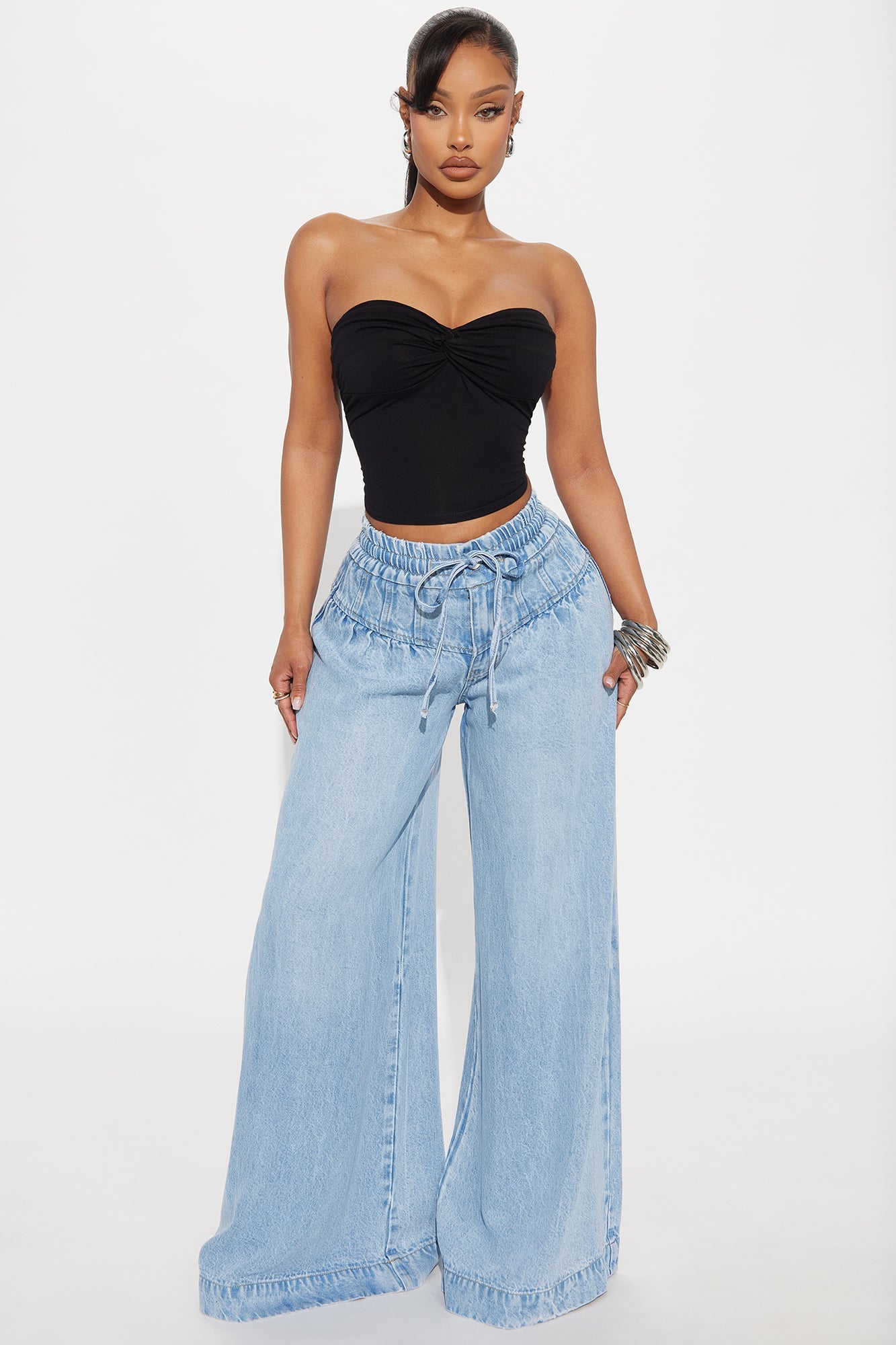 Shaylene Tie Waist wide Leg Jeans - Light Wash