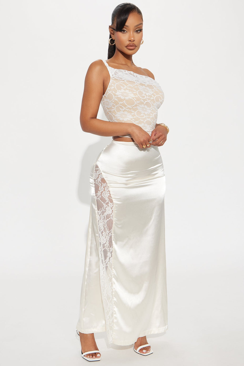 Kiss Me Goodbye Lace Trim Satin Skirt - Cream