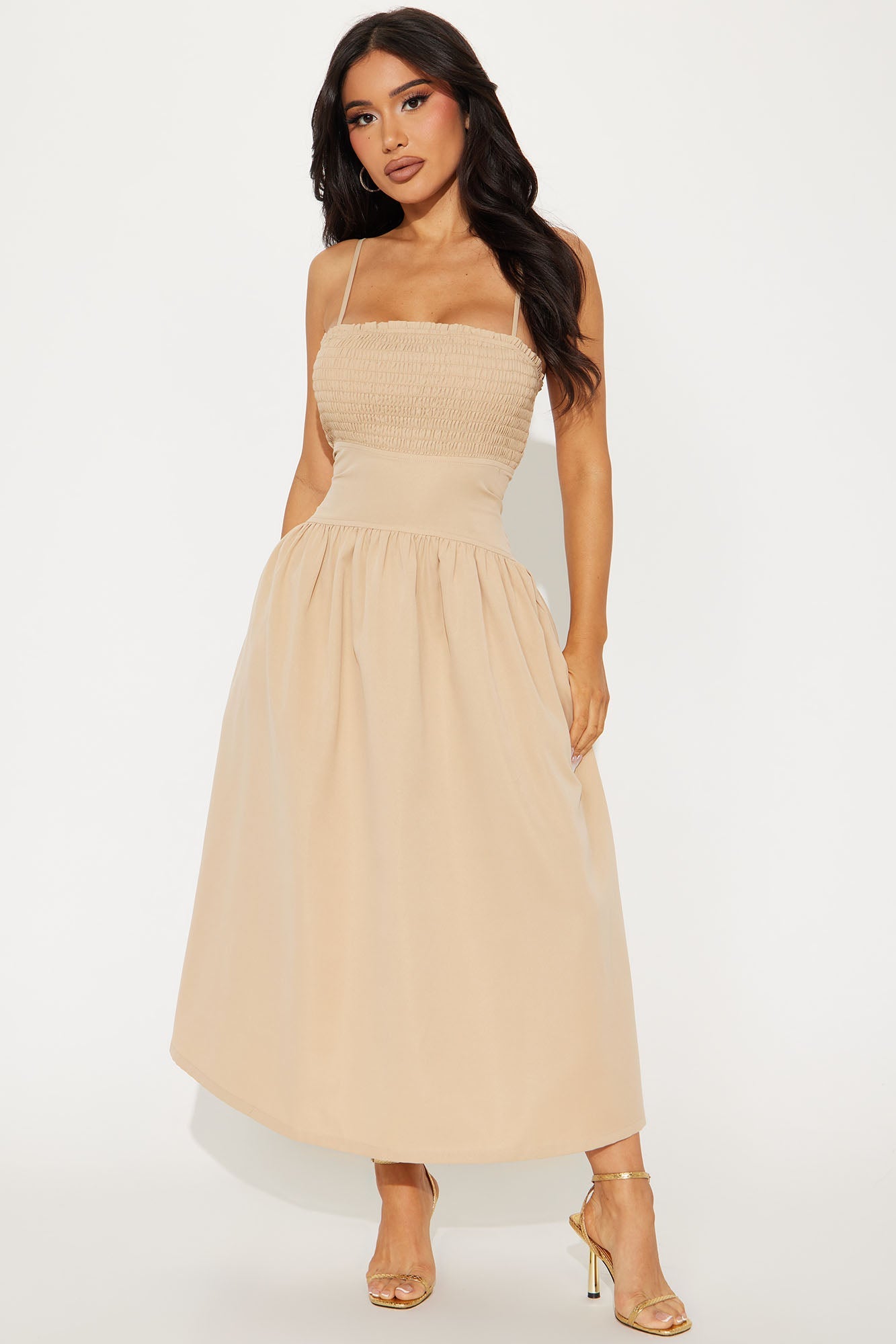 Blessing You Smocked Midi Dress - Taupe