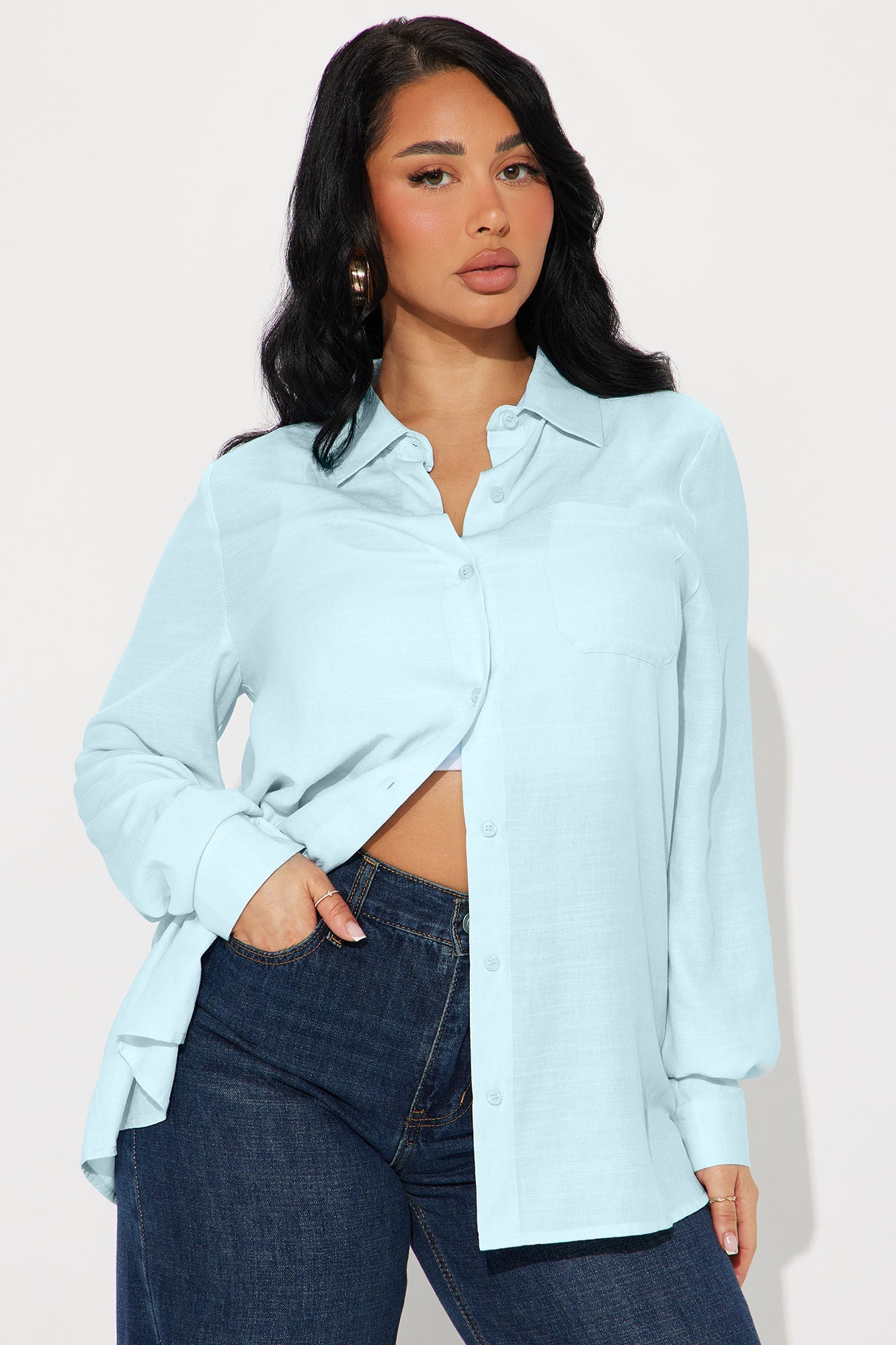 Blush And Bloom Oversized Linen Shirt - Blue