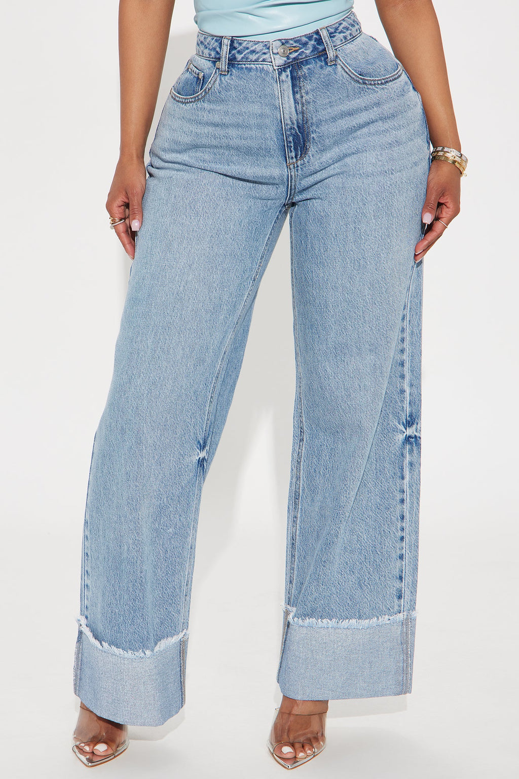 Cuff It Non Stretch Cuffed Wide Leg Jeans - Medium Wash