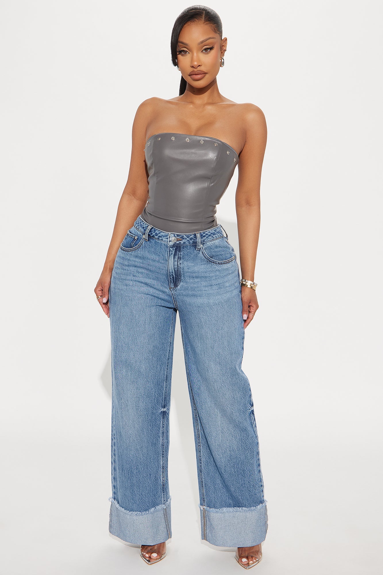 Cuff It Non Stretch Cuffed Wide Leg Jeans - Dark Wash