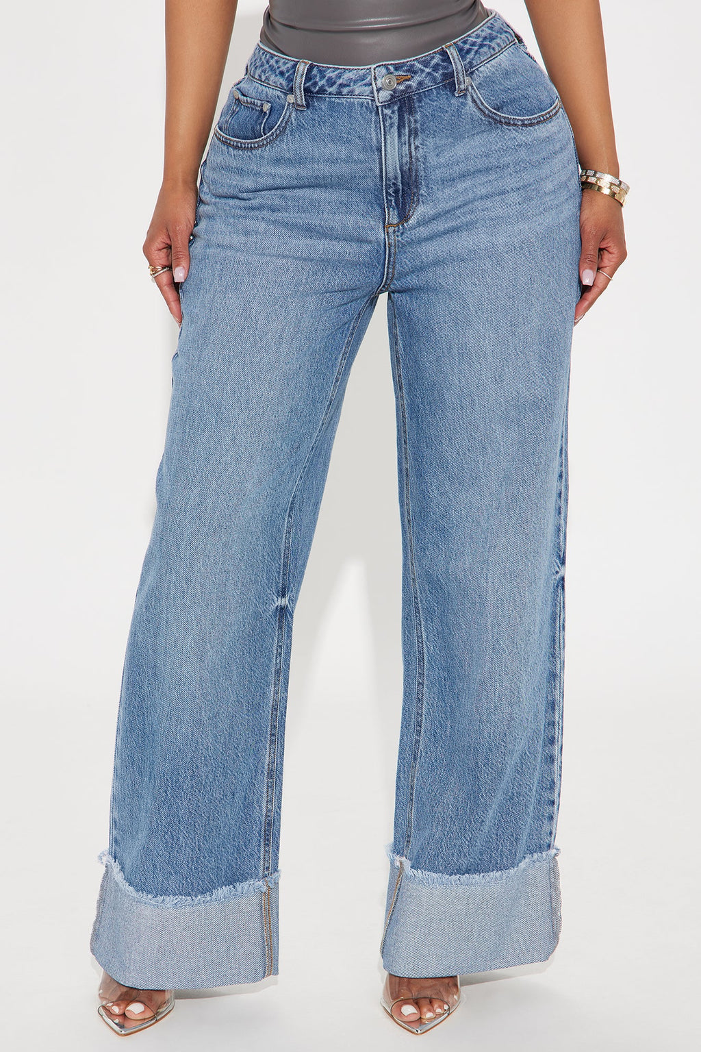 Cuff It Non Stretch Cuffed Wide Leg Jeans - Dark Wash