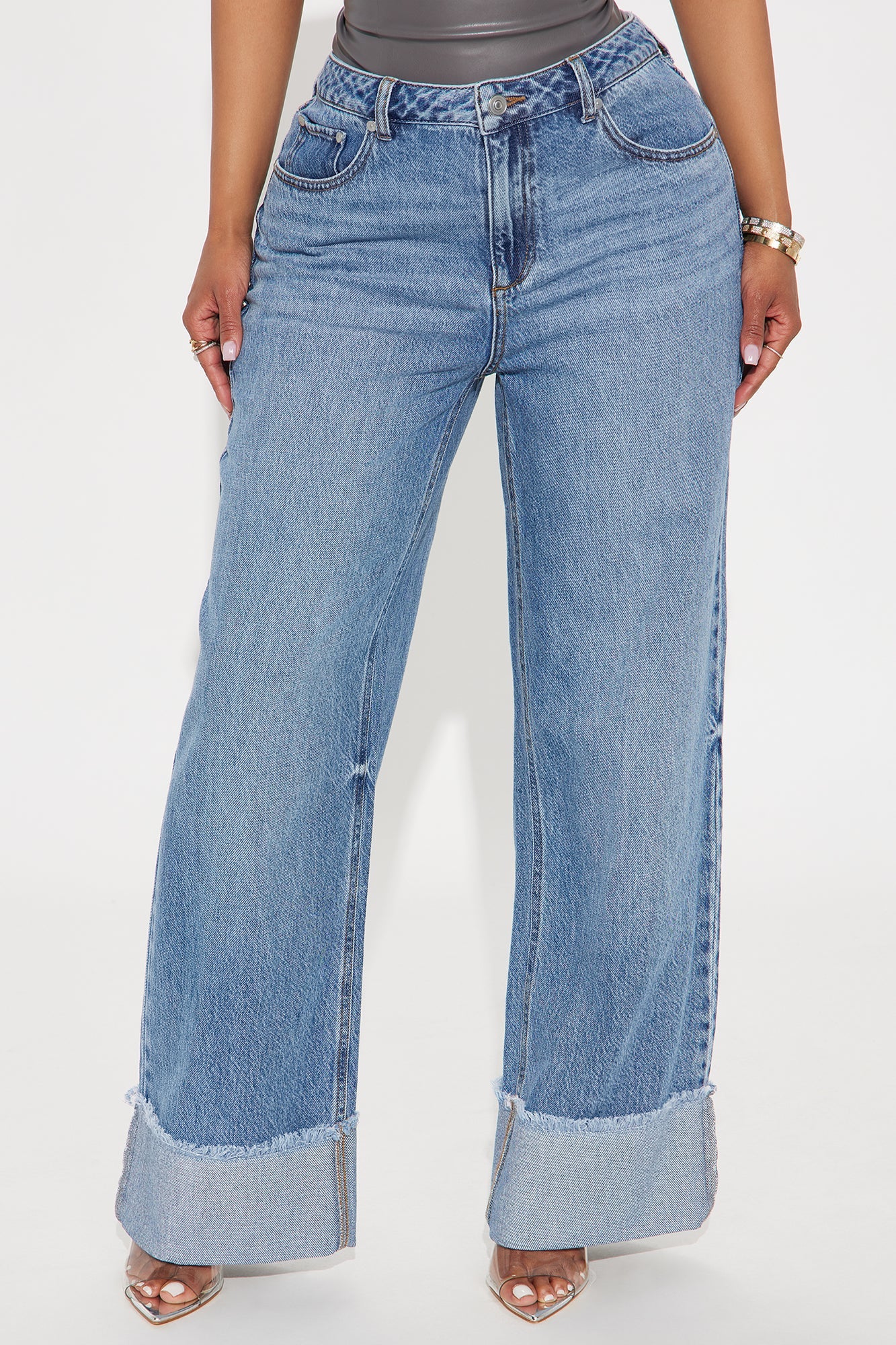 Cuff It Non Stretch Cuffed Wide Leg Jeans - Dark Wash