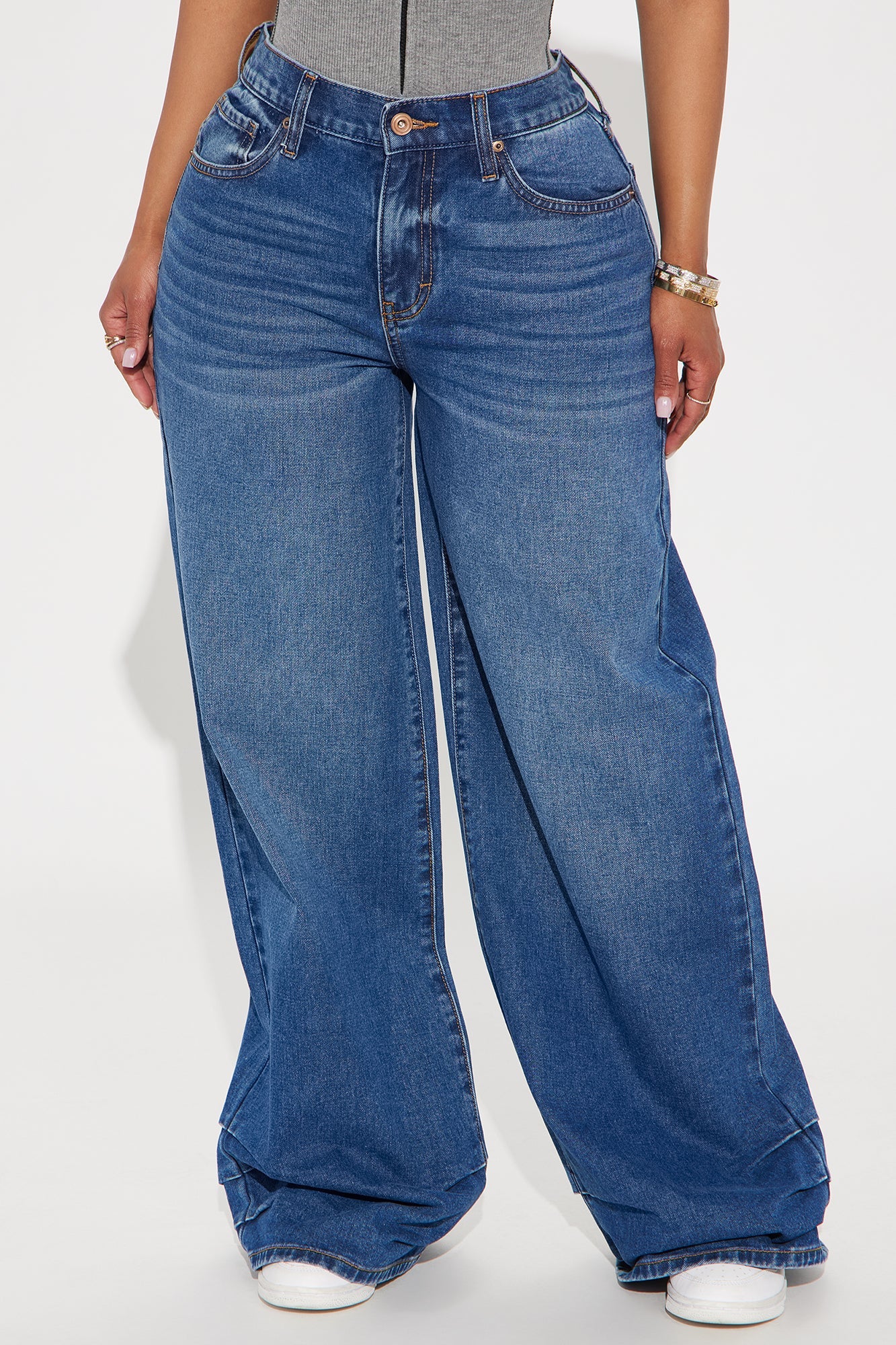 Time To Move On Tacked Baggy Jeans - Dark Wash