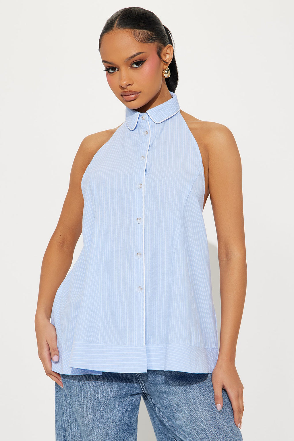 Never Basic Striped Halter Top - Light Blue