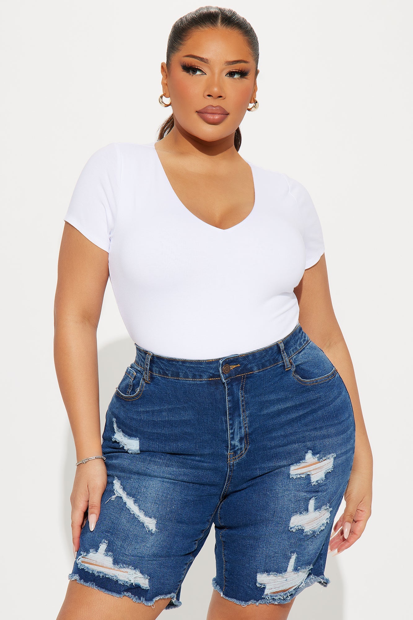 Vanessa V-Neck Double Layered Bodysuit - White