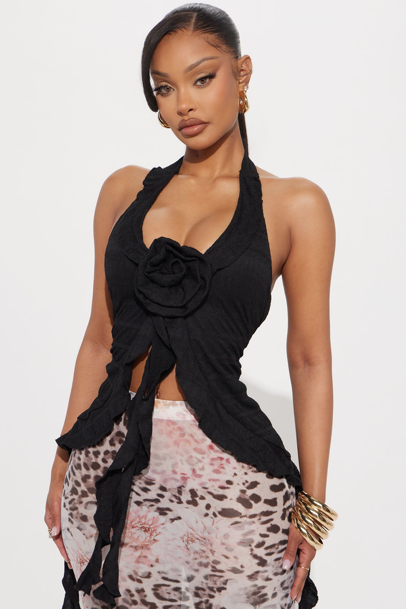 Hello Rose Halter Top - Black