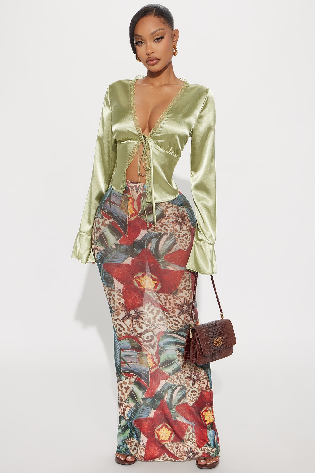 In Full Bloom Mesh Maxi Skirt - Brown/combo