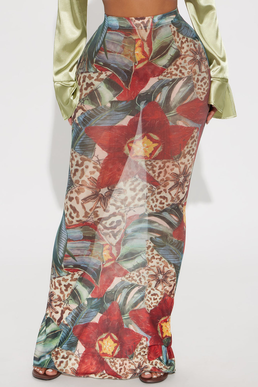 In Full Bloom Mesh Maxi Skirt - Brown/combo