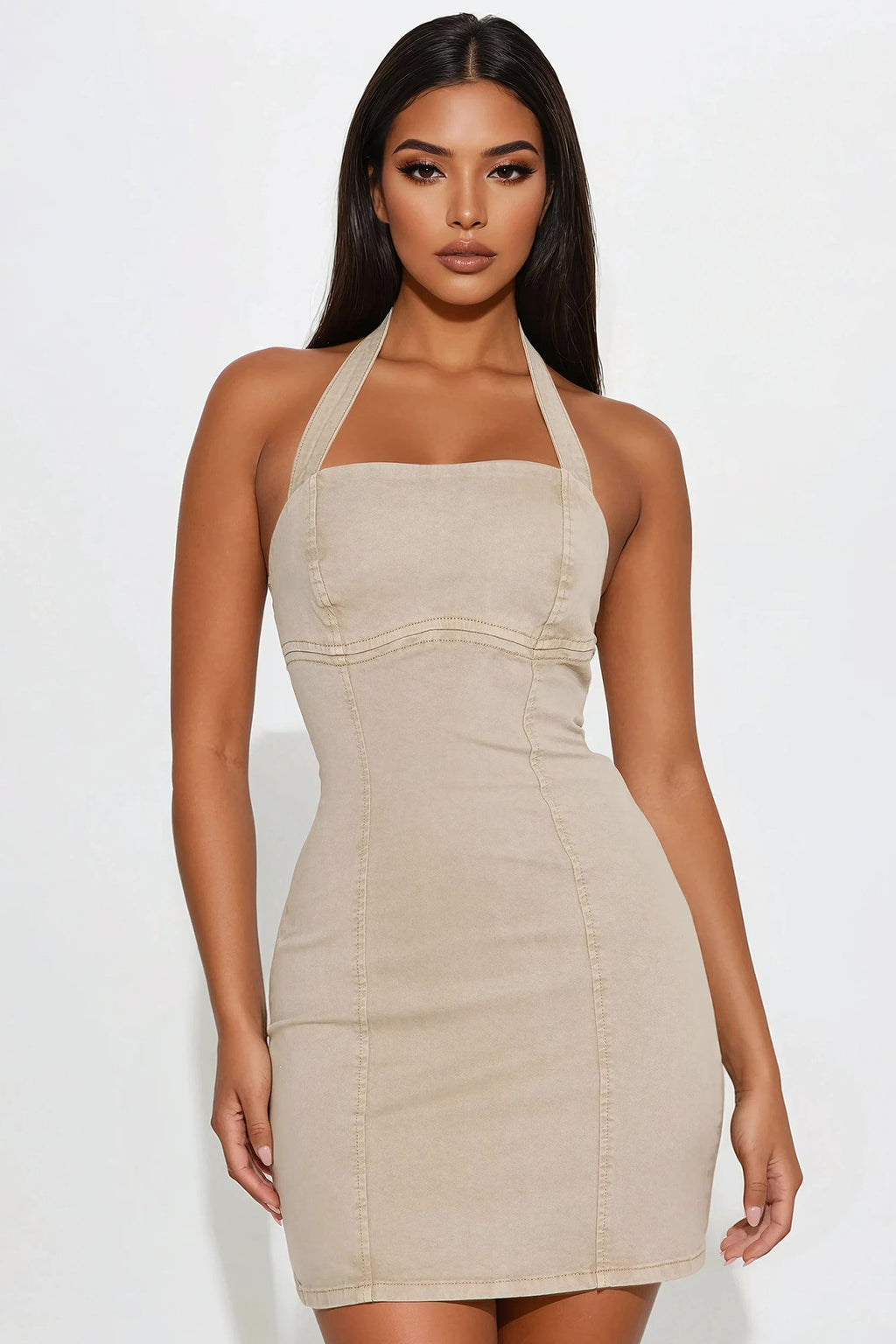 Titan Stretch Denim Micro Mini Dress - Khaki