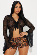 Shirley Lace Long Sleeve Sheer Flyaway Top - Black