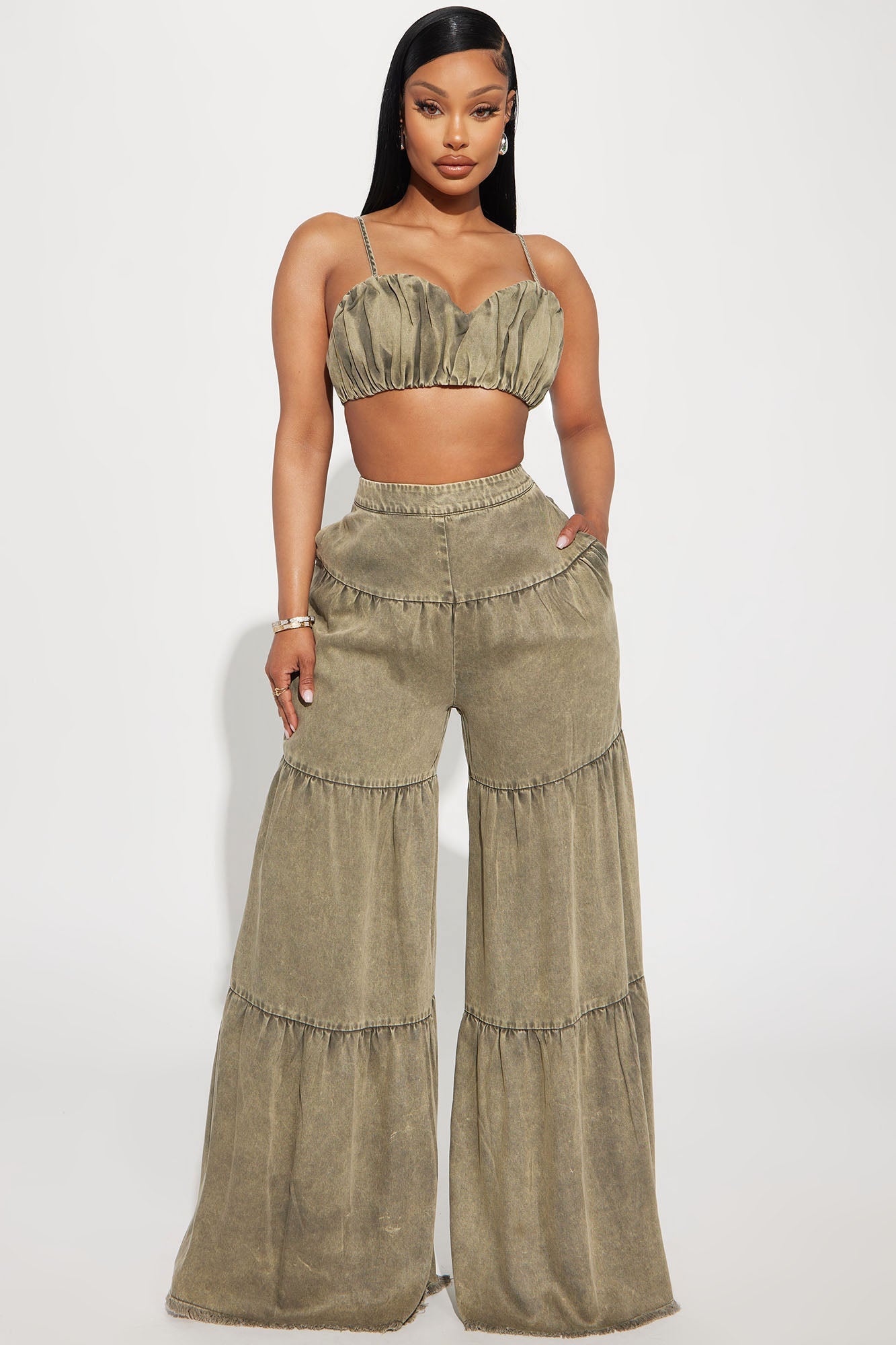 Olivia Washed Pant Set - Olive
