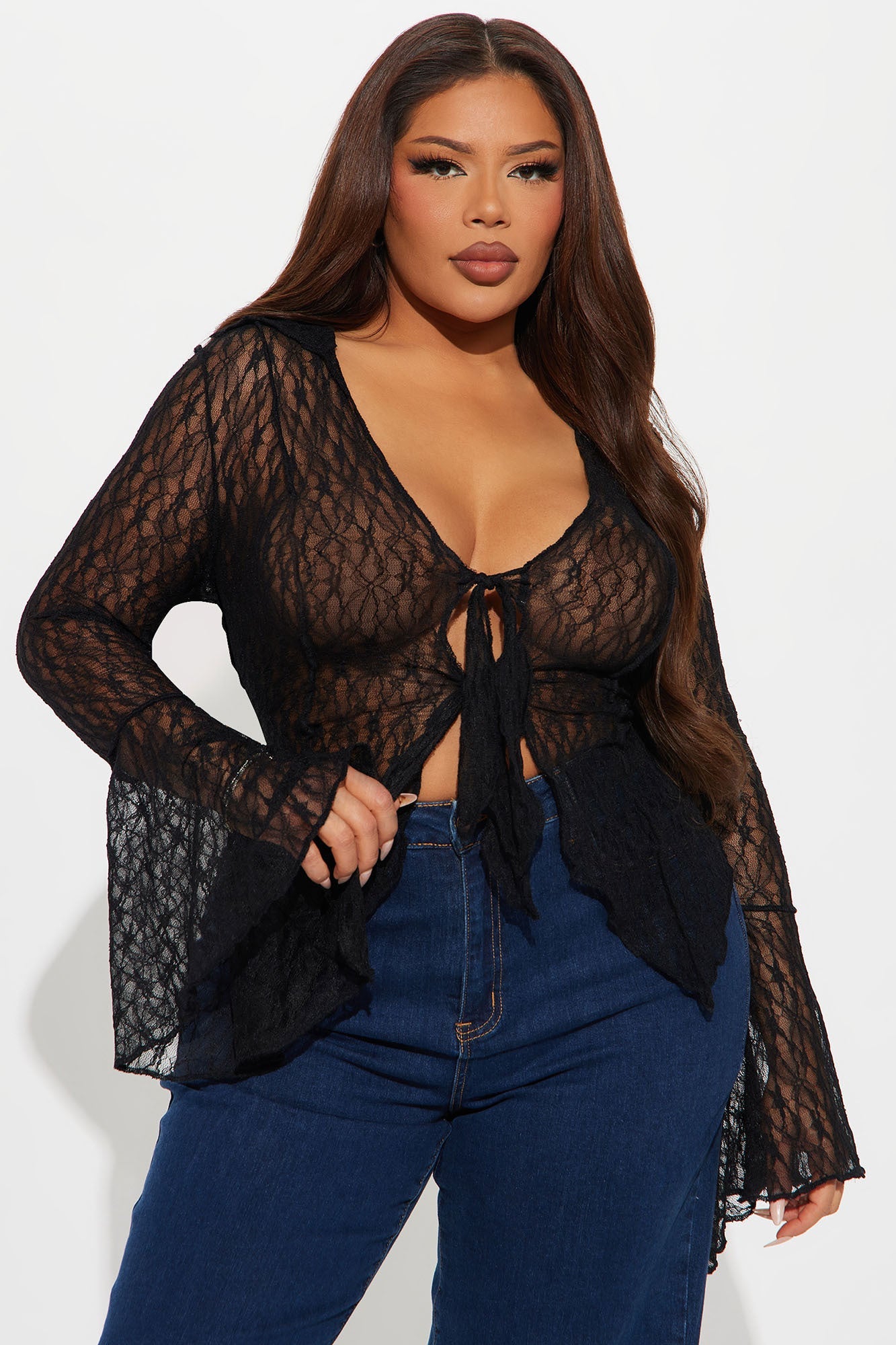 Shirley Lace Long Sleeve Sheer Flyaway Top - Black