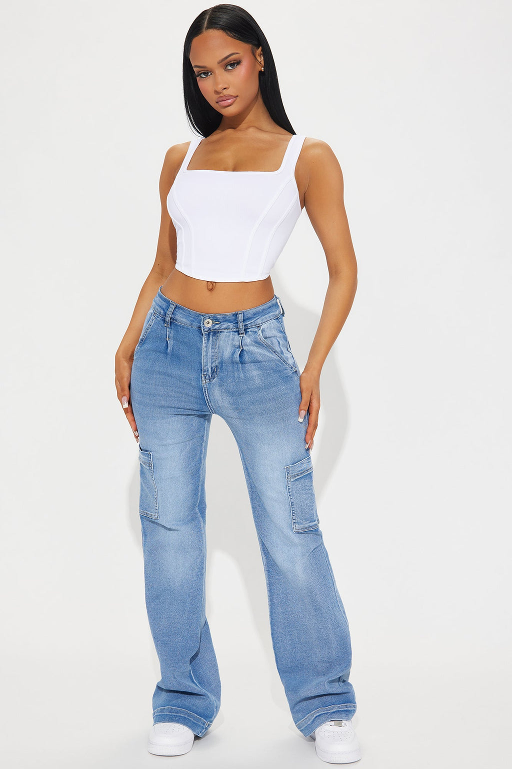 Counting On It Cargo Stretch Flare Jeans - Medium Wash