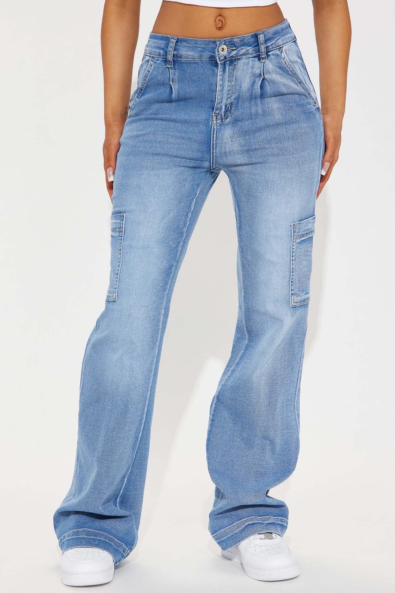 Counting On It Cargo Stretch Flare Jeans - Medium Wash