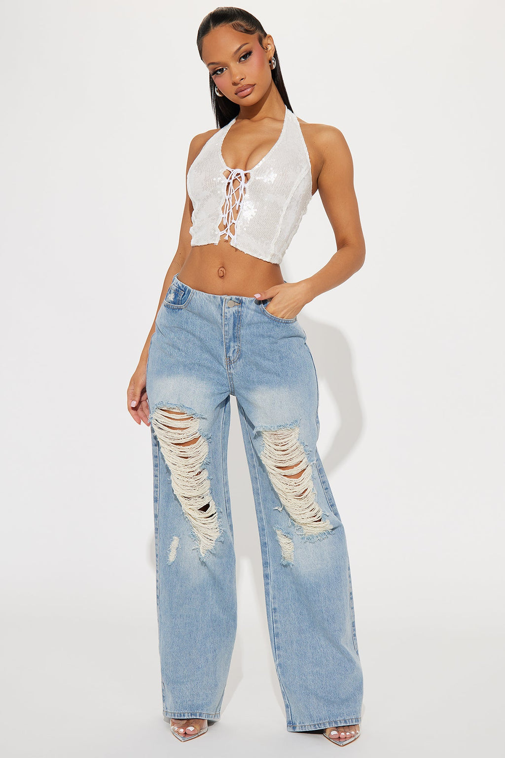Taesha Non Stretch Destructed Wide Leg Jeans - Medium Wash