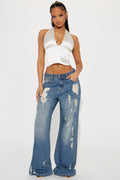 Kirbie Non Stretch Ripped Wide Leg Jean - Medium Wash