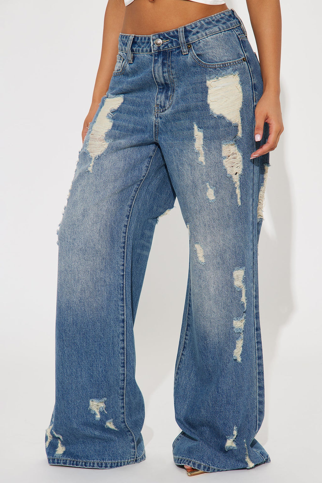 Kirbie Non Stretch Ripped Wide Leg Jean - Medium Wash
