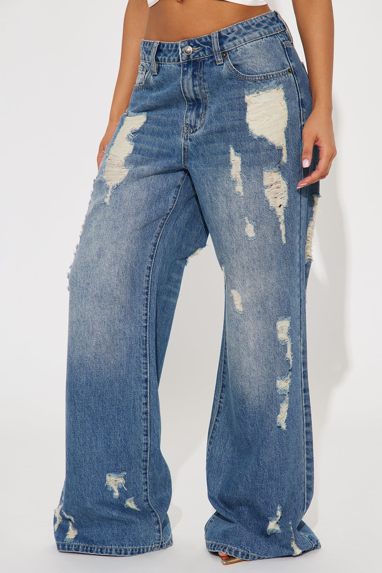 Kirbie Non Stretch Ripped Wide Leg Jean - Medium Wash