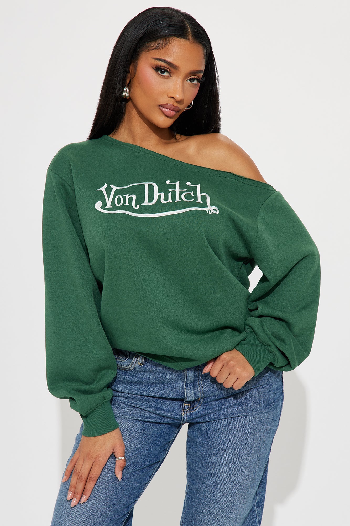 Von Dutch Princess Off Shoulder Sweatshirt - Hunter Green
