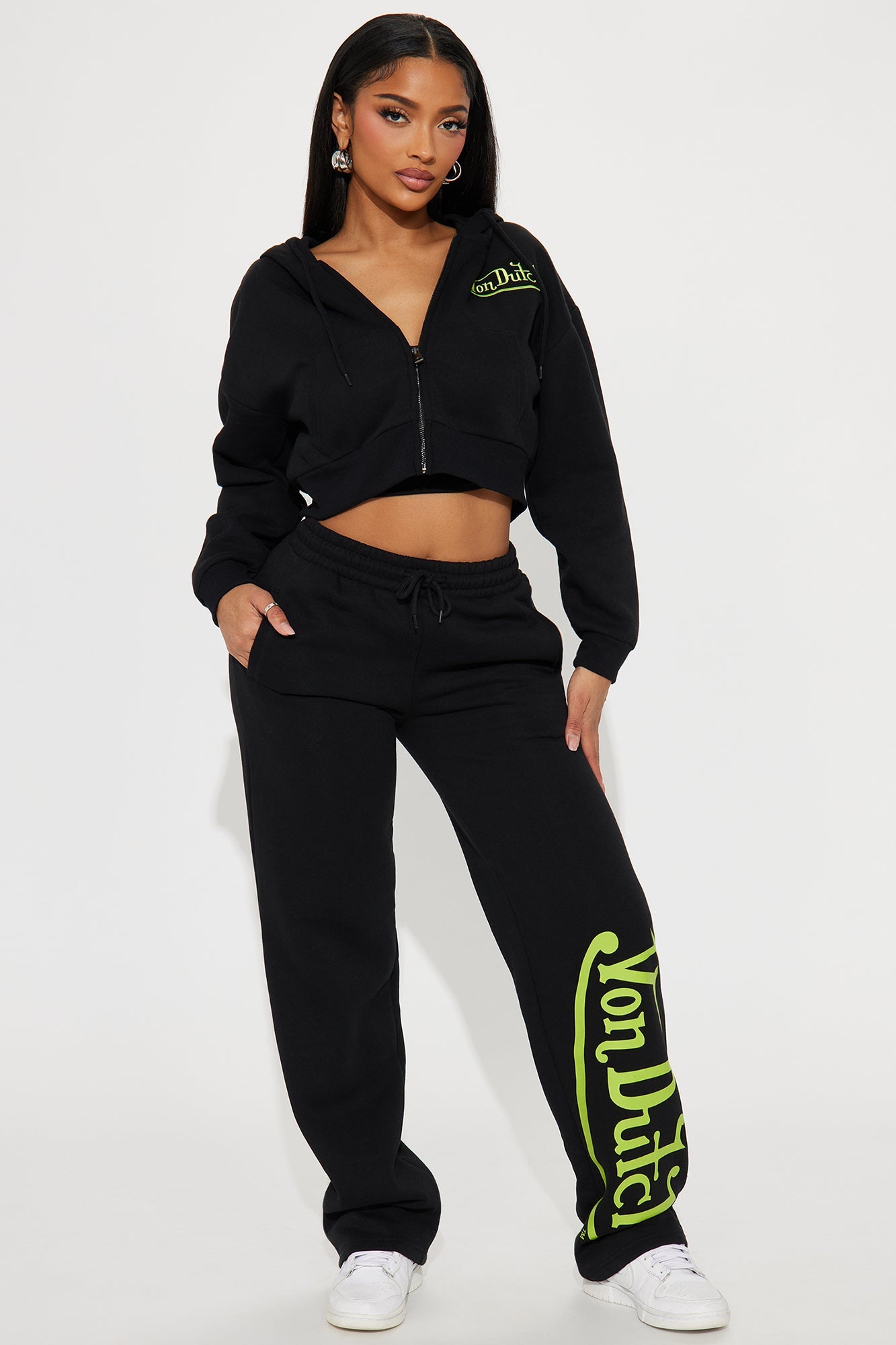 Von Dutch Embroidered Cropped Hoodie - Black/Green